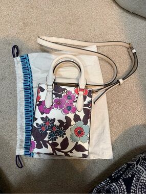 White Floral Tory Burch Crossbody mini Tote Bag with Pink & Teal Accents